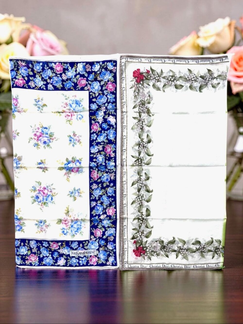 2 Neck-Kerchief YSL & Christian Dior cotton 18.5" white blue red  foral ( - Picture 3 of 14